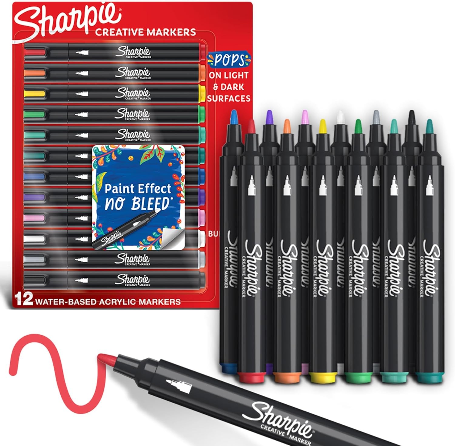Sharpie Acrylic Creative Markers, Bullet Tip, Vibrant Assorted Colors, Non-Bleeding Water-Based Ink, Pack of 12